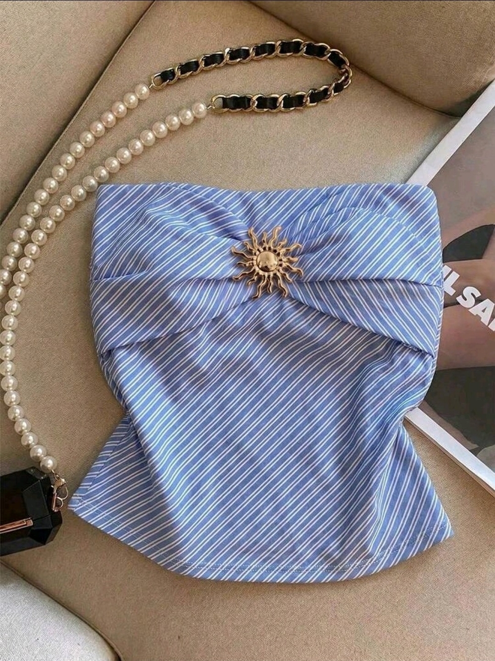 Franclia  Pleated Striped Metal Decor Bandeau Top